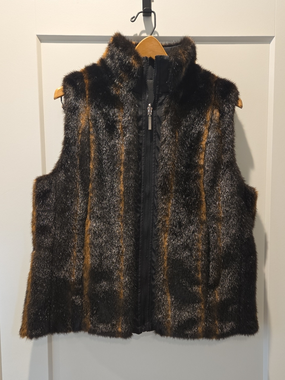Parkhurst Dark Brown Faux Fur Vest with Amber Stripes - Reversable